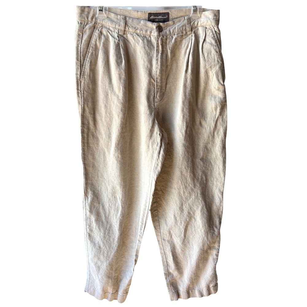 VTG Eddie Bauer Linen Pants Trousers Mens 32 Tan Relaxed Fit Old Money Summer